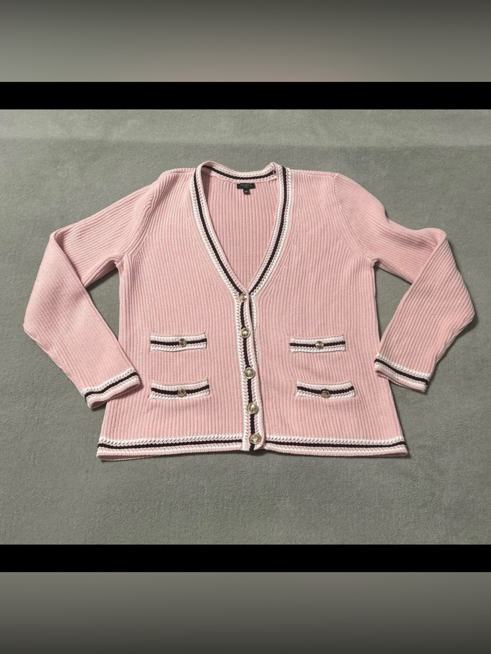 Talbots Blush Pink w/Black/White Trim & Gold Buttons Cardigan Sweater - Size MP